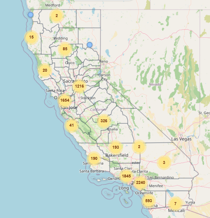 Interactive map of California showing 7,500+ assisted living facilities clustered by region